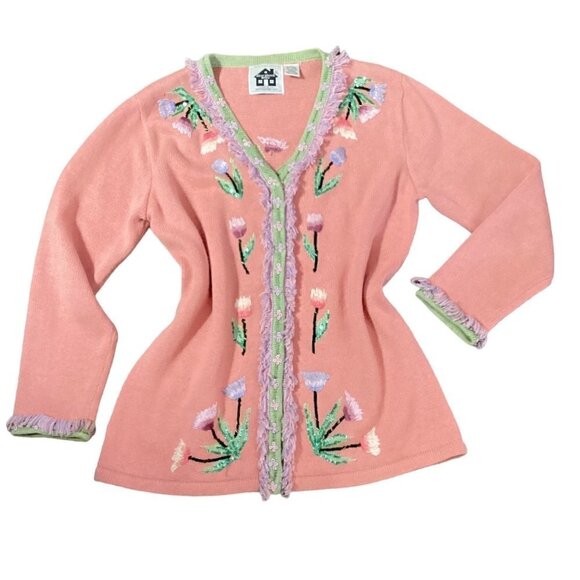 Storybook Knits Tulip Romance Cardigan Fringed Beaded Embroidered Sequins M 145L - Picture 6 of 9